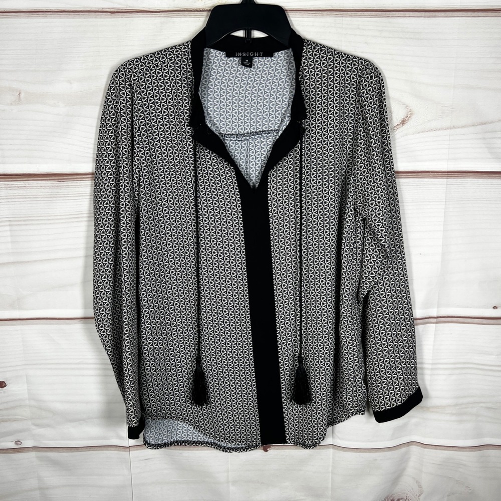 Insight Tassel Tie Blouse Womens Size M Black Geometric Long Sleeve V-Neck Top